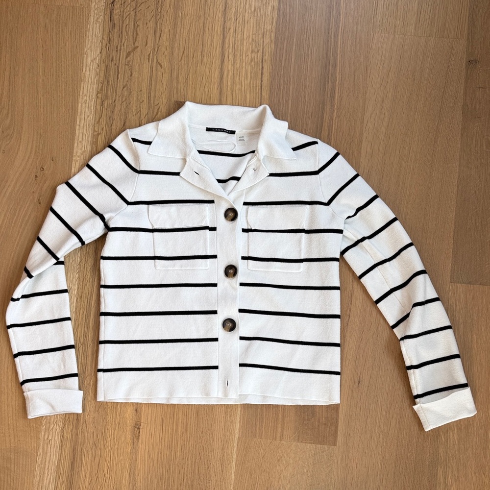 Striped White and Black Button-Up Cardigan